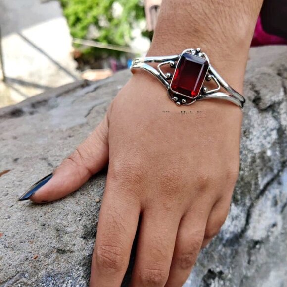 Garnet Gemstone Sterling Silver Cuff Bracelet - Picture 2 of 3